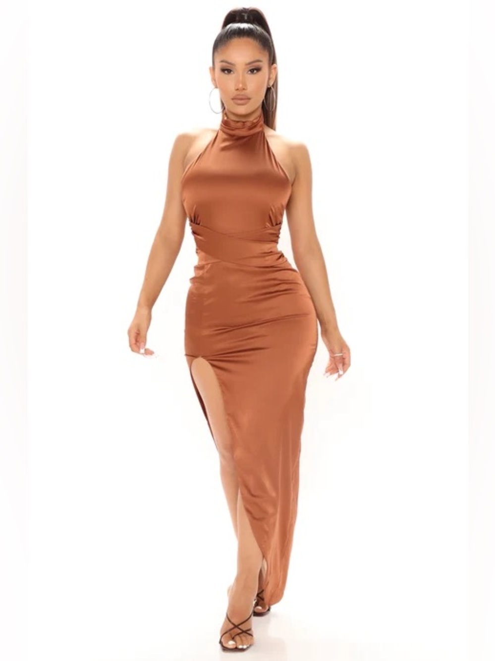 Fashion Nova Photo Op Satin Halter Neck Maxi Dress